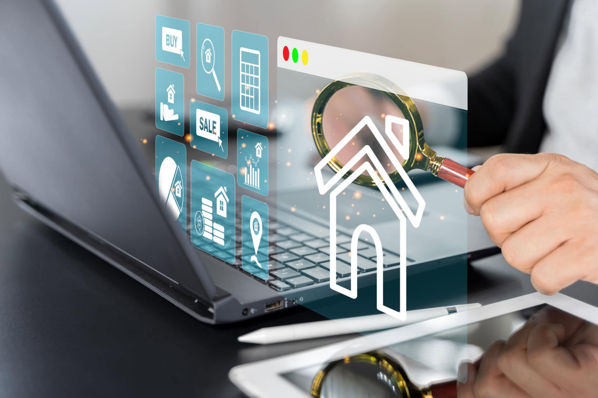 Analisi Digitale dei Lead Immobiliari Agente immobiliare utilizza un tablet con icone digitali per analizzare lead qualificati